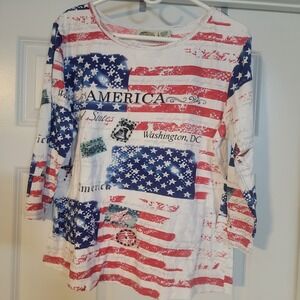 VINTAGE America Women Top XL Blue Shirt Flag Stamp Sequins Washington DC Tee